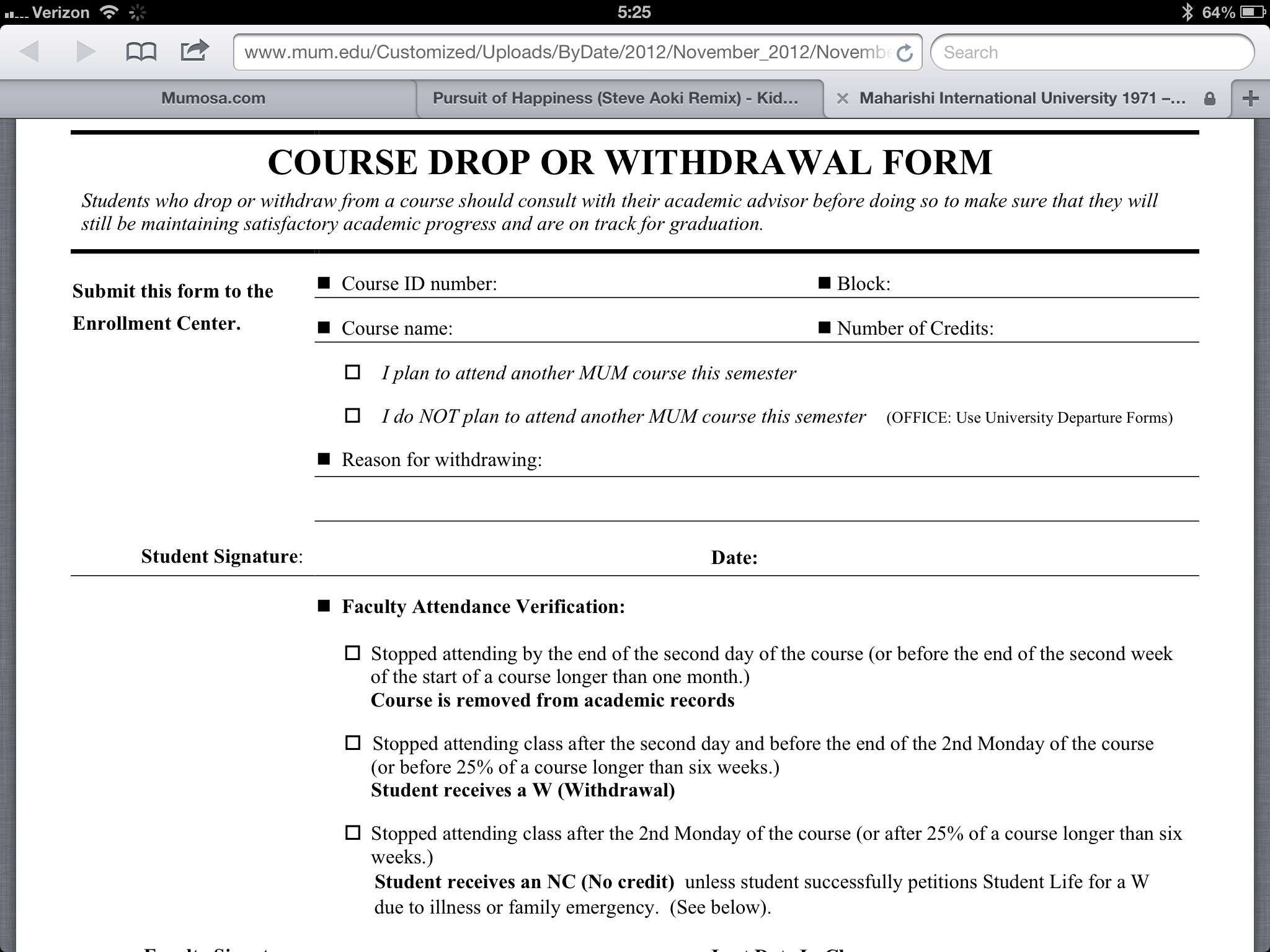 mum course withdrawal form