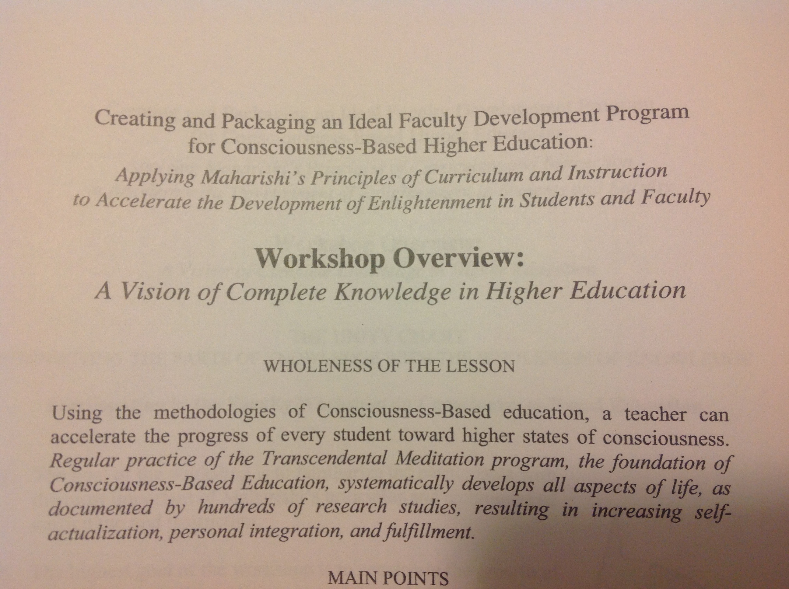 Creating and Packaging an Ideal Faculty Development Program for Consciousness-Based Higher Learning.